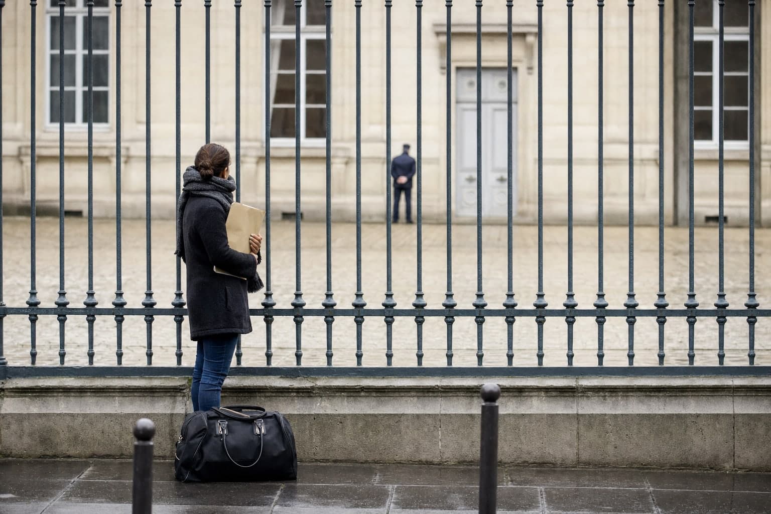 Milieu de matinee devant la grille fermee d'un batiment consulaire, une femme seule attend debout contre les barreaux, un dossier cartonne serre contre elle et un sac a ses pieds, la cour pavee vide derriere la grille, illustrant une negociation dont l'enjeu est une personne