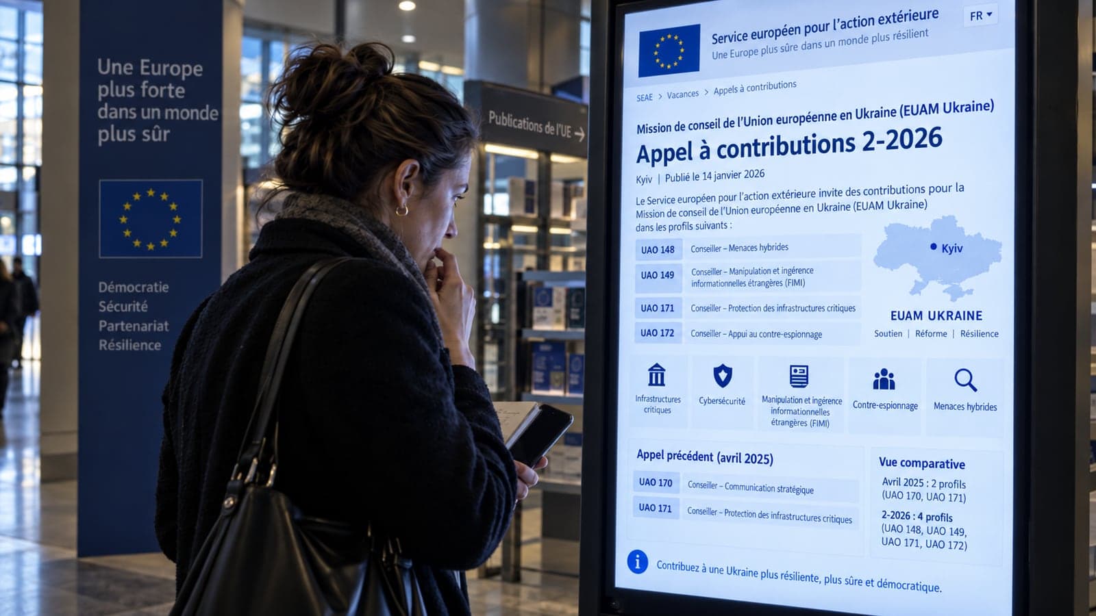 Dans le hall d'un batiment institutionnel europeen, une femme consulte une borne numerique affichant un appel a contributions du Service europeen pour l'action exterieure pour la mission de conseil en Ukraine, avec la liste des profils de conseillers recherches sur les menaces hybrides et une vue comparative avec l'appel precedent