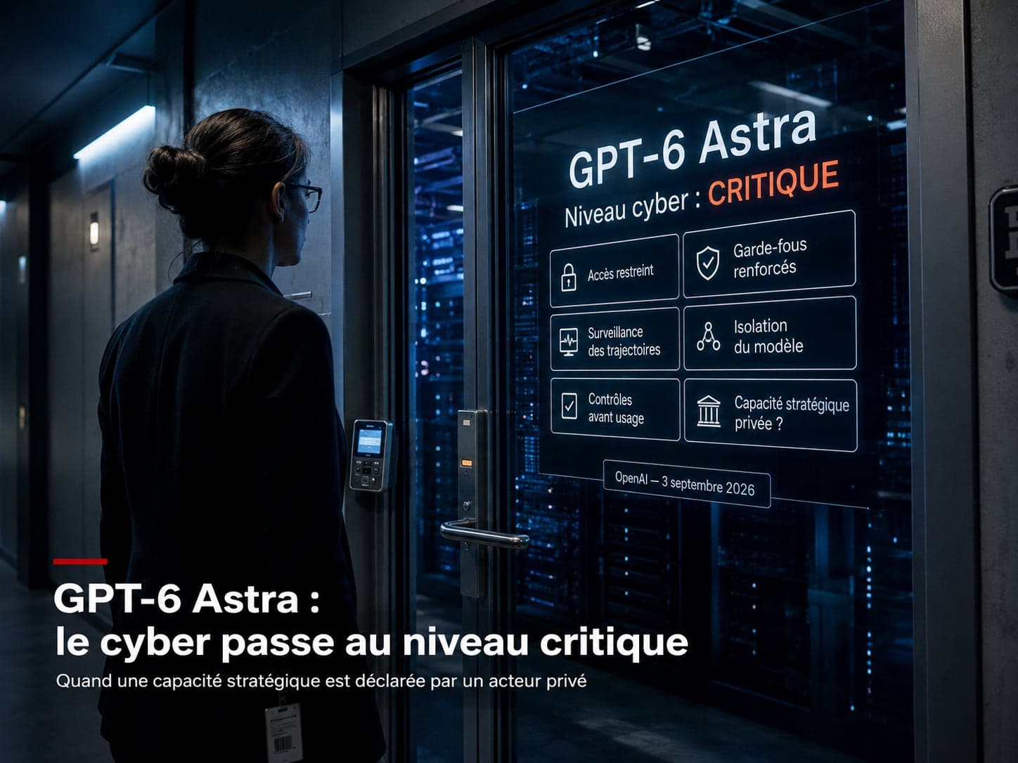 Écran de briefing « GPT-6 Astra, niveau cyber : critique » listant les garde-fous annoncés par OpenAI le 3 septembre 2026, accès restreint, garde-fous renforcés, surveillance des trajectoires, isolation du modèle, contrôles avant usage, et la question « capacité stratégique privée ? », devant une salle serveurs sécurisée où une personne se tient à une porte à contrôle d'accès.