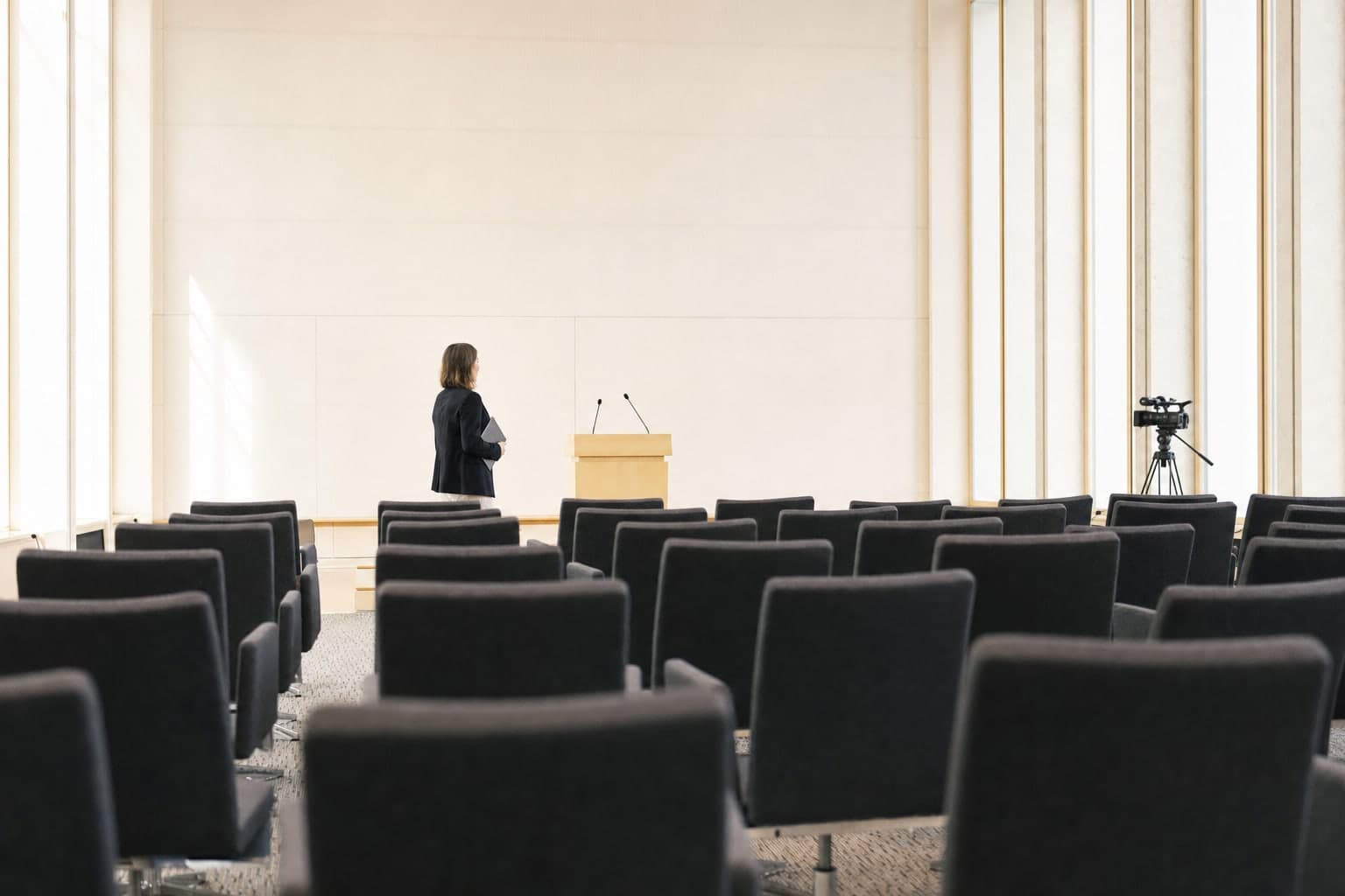 En milieu de matinee dans une salle de conference de presse encore vide avant le briefing, une femme seule se tient debout pres du pupitre, un ordinateur portable ferme serre contre elle, face aux rangees de sieges inoccupes et aux pieds de micro deja installes, illustrant le moment qui precede une prise de parole