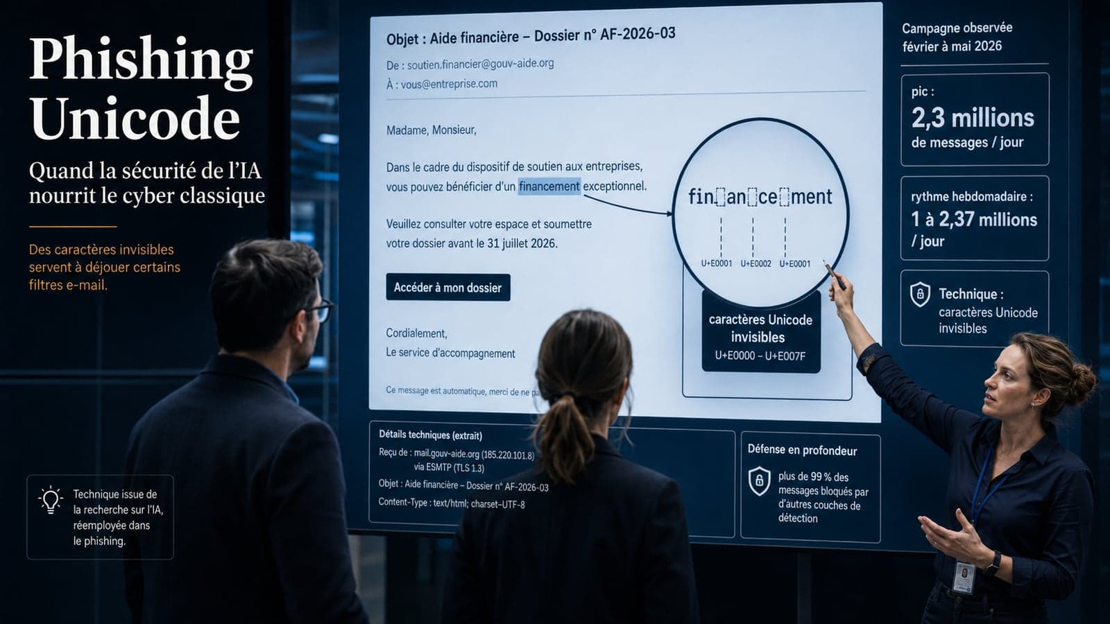 Écran de briefing « Phishing Unicode, quand la sécurité de l'IA nourrit le cyber classique » : un faux e-mail d'aide financière dont le mot « financement » est grossi pour révéler des caractères Unicode invisibles du bloc U+E0000 à U+E007F, avec les chiffres de la campagne (pic de 2,3 millions de messages par jour) et la mention que plus de 99 % des messages sont bloqués par d'autres couches de détection, devant des analystes.