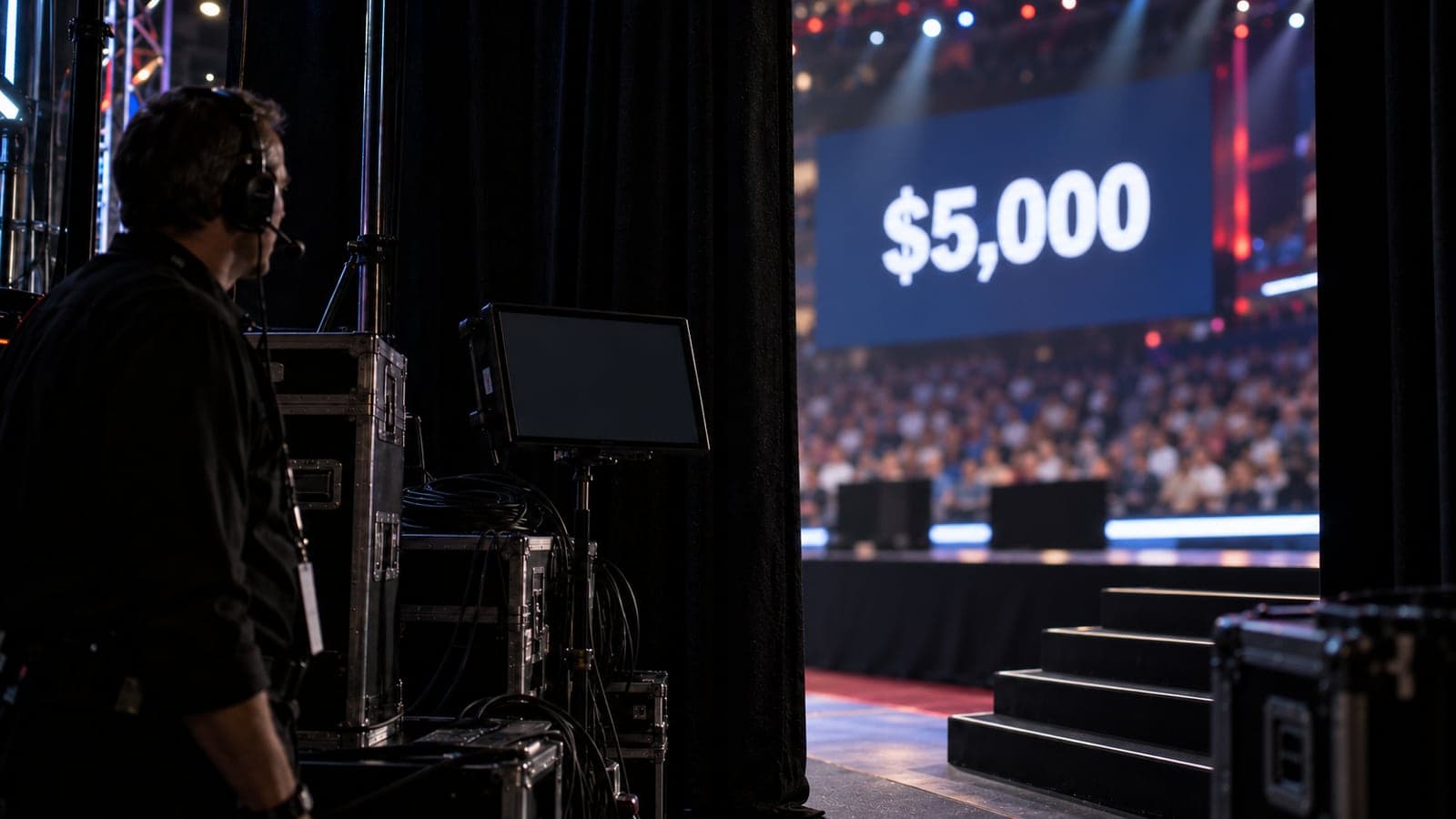 Depuis les coulisses d'une salle de convention, un technicien au casque observe la scene vide et l'ecran geant affichant un montant de cinq mille dollars devant un public nombreux, entoure de caisses de transport, de retours video et de cables
