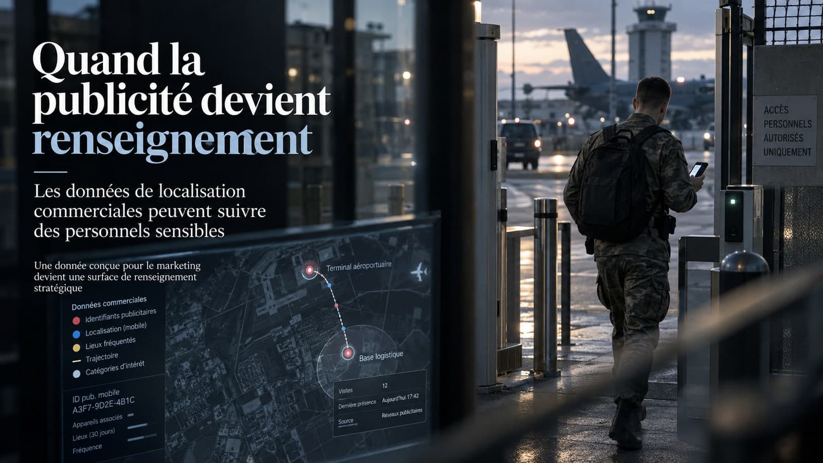 Un militaire de dos, sac au dos et téléphone en main, franchit un portique d'accès réservé près d'un aérodrome, à côté d'un écran montrant une infographie de données commerciales, identifiant publicitaire mobile, localisation, trajectoire d'un terminal aéroportuaire vers une base logistique, illustrant l'exploitation de données publicitaires de localisation pour suivre des personnels sensibles