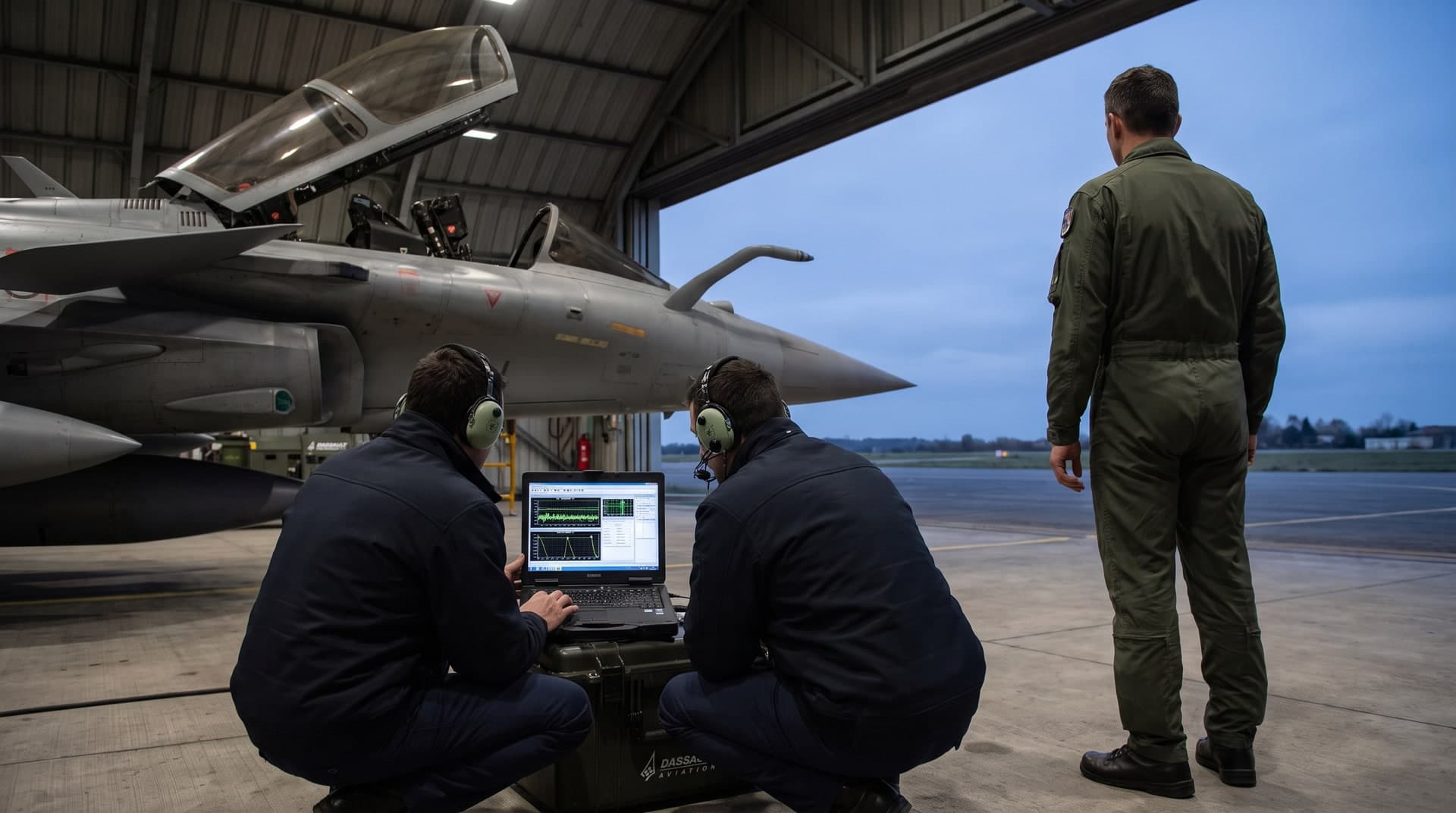 Dans un hangar au crépuscule, 2 techniciens accroupis suivent des courbes sur un ordinateur portable posé sur une caisse de vol, devant un avion de combat verrière ouverte, tandis qu'un pilote observe la piste