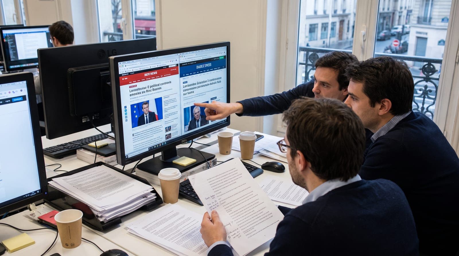 Illustration éditoriale : dans une rédaction, 3 journalistes comparent à l'écran le traitement d'une même actualité par 2 sites d'information, un texte annoté à la main au premier plan