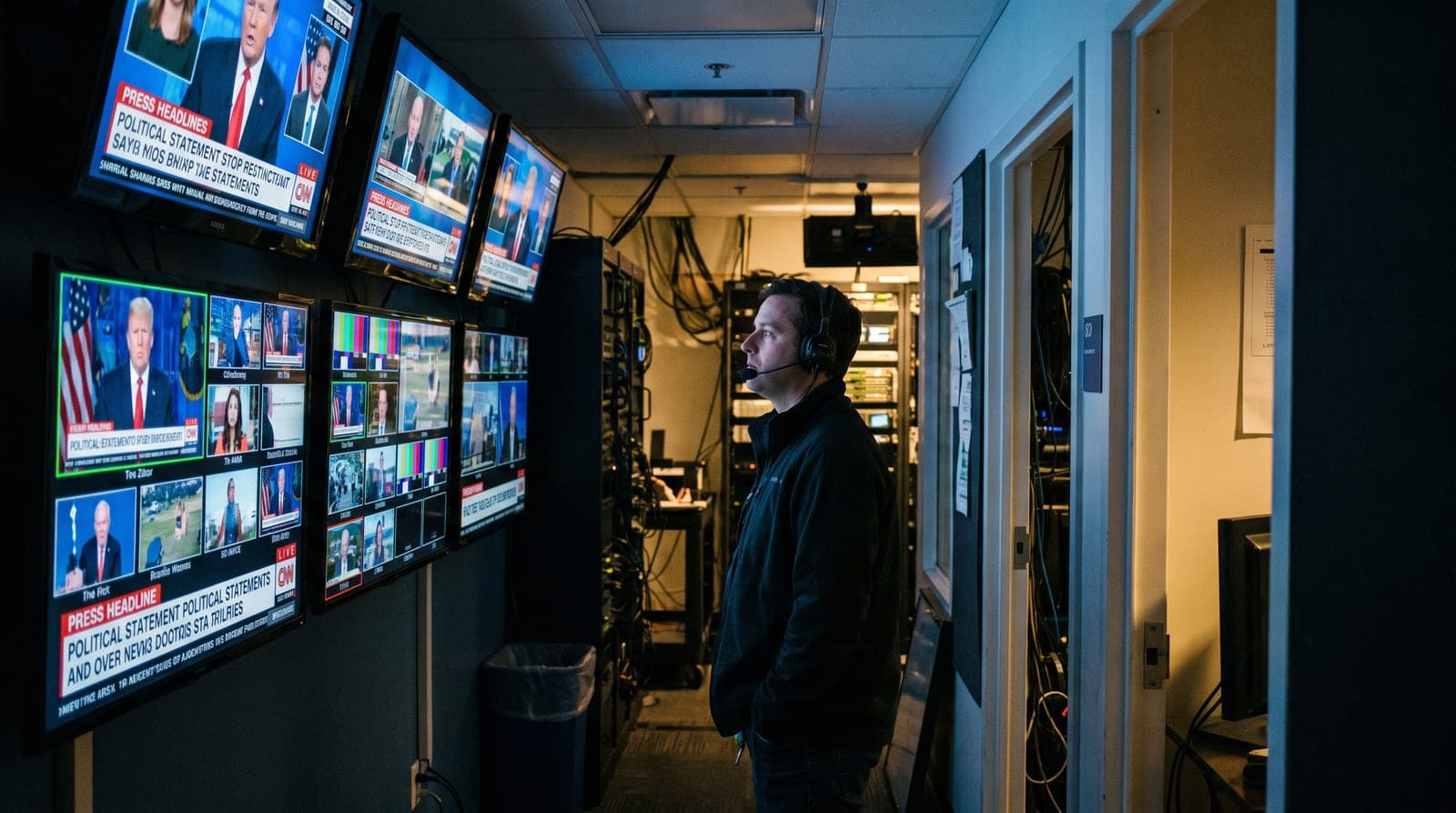 Illustration éditoriale : dans une régie de diffusion, un technicien casqué observe un mur d'écrans de chaînes d'information en continu