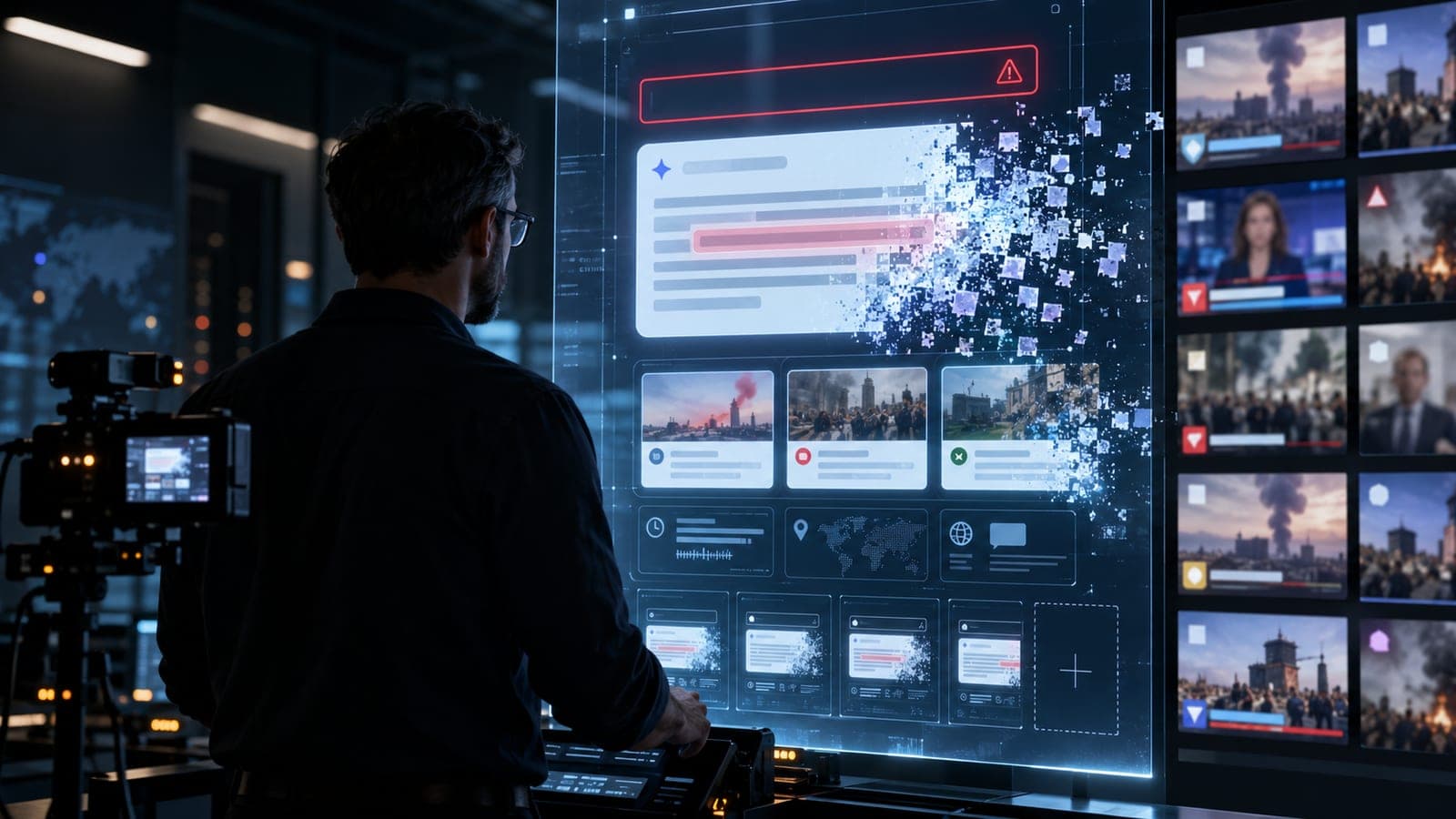 Analyste de dos devant un grand écran de veille où une réponse générée par intelligence artificielle se désagrège en fragments, entourée d'icônes d'alerte, de vignettes d'actualité et de moniteurs de chaînes d'information