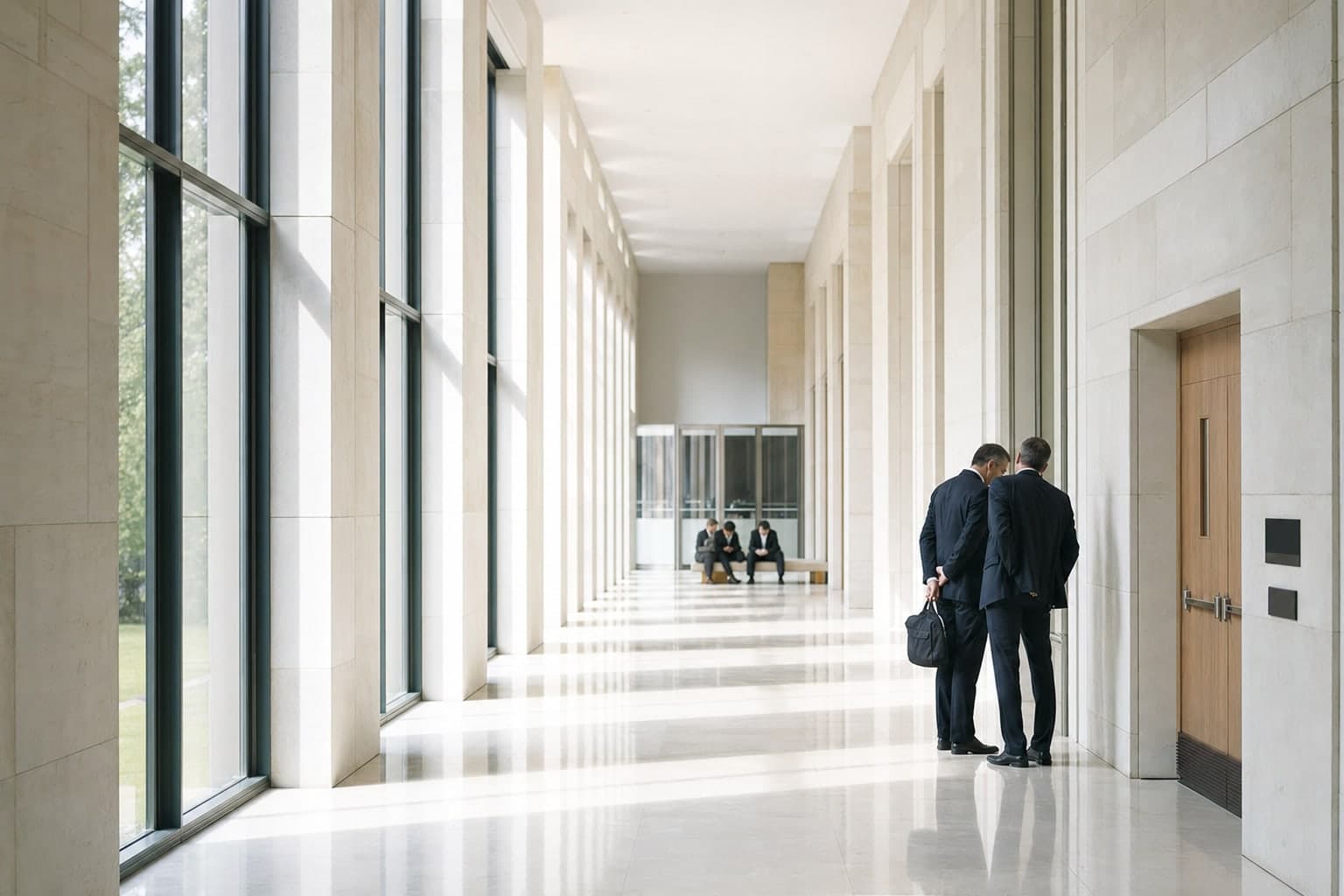 En milieu de journee, dans un long couloir d'un batiment institutionnel europeen baigne de lumiere, 2 diplomates en costume se sont ecartes pour parler debout a l'ecart d'une double porte fermee, tandis que 3 personnes attendent assises sur un banc plus loin, devant des cabines d'interpretation vitrees