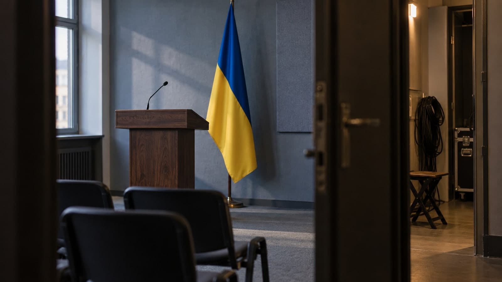 Dans une salle de conférence de presse déserte, vue depuis l'encadrement d'une porte entrouverte, un pupitre en bois surmonté d'un micro fait face à des chaises vides, à côté d'un drapeau ukrainien, la lumière du jour entrant par une fenêtre latérale, illustrant la parole publique retirée à une personne sanctionnée