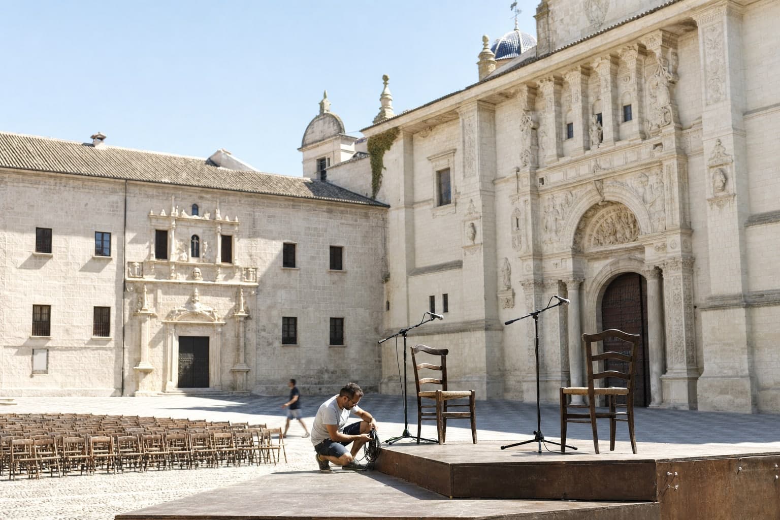 Fin de matinee ensoleillee sur une place historique aux facades de pierre pale, un petit podium de plein air porte 2 chaises vides se faisant face et 2 pieds de micro tandis qu'un technicien accroupi enroule un cable au bord de la plateforme, devant des rangees de chaises inoccupees