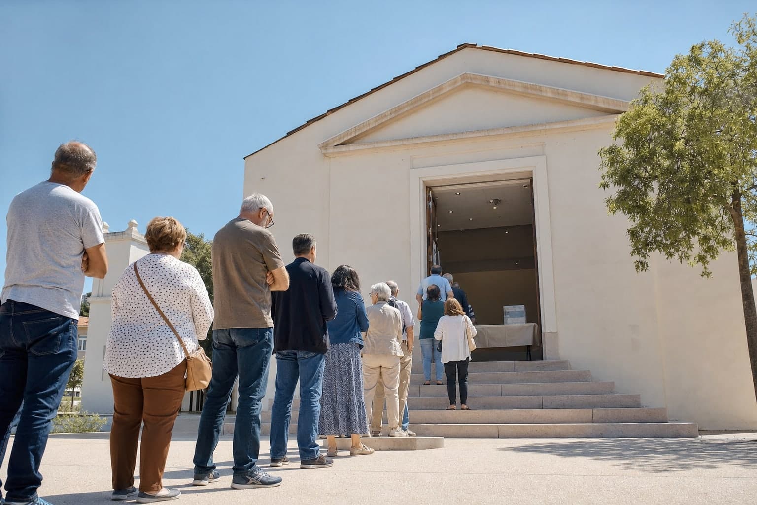 Milieu de journee en plein soleil, une file d'une quinzaine de personnes attend sur les marches ensoleillees d'un modeste centre culturel a la facade claire, la porte grande ouverte laissant apercevoir une table pliante et une urne transparente, une place degagee et des arbres verts devant, aucun visage net et aucun drapeau