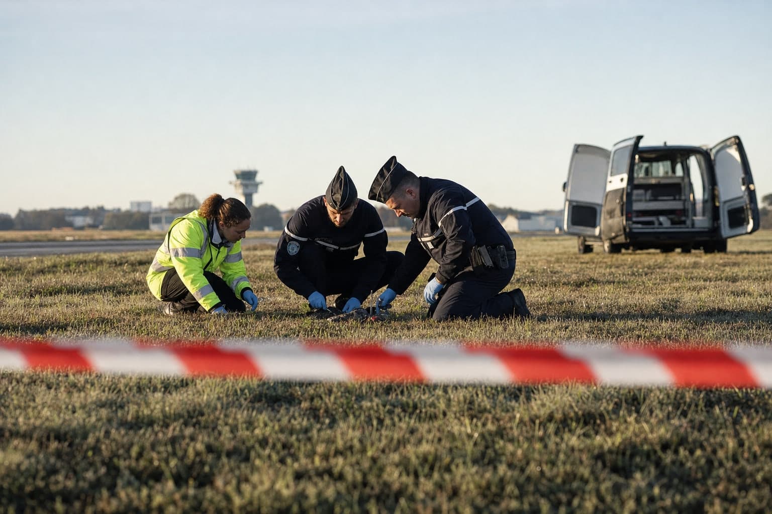 Au petit matin en bordure de piste d'un aeroport regional, 2 gendarmes et une technicienne en gilet haute visibilite accroupis de part et d'autre d'un ruban de balisage examinent un fragment de materiel tombe dans l'herbe, un vehicule d'intervention gare au fond, illustrant l'incident hybride qui reste sous le seuil de l'agression armee