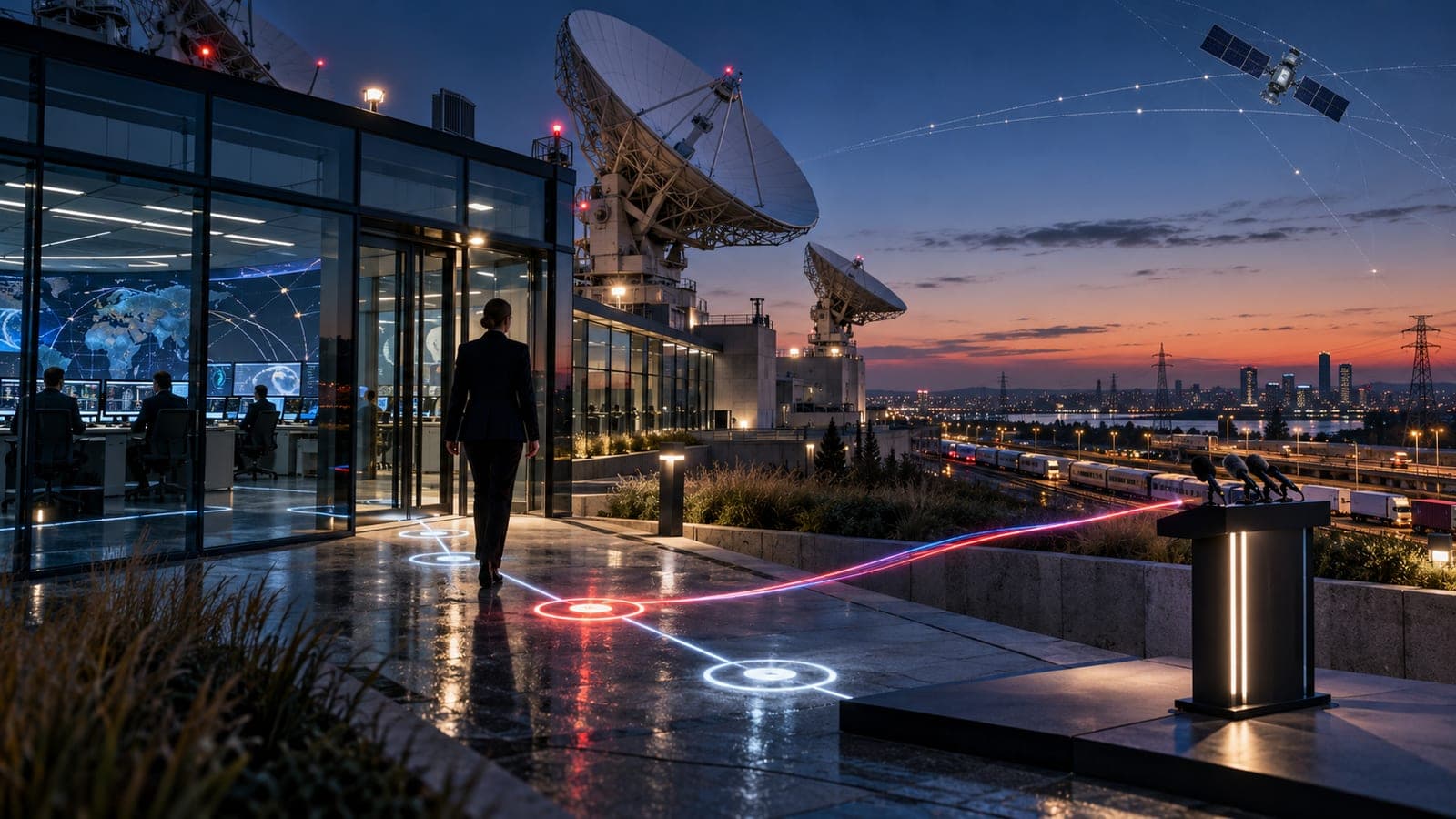Station terrienne au crépuscule, grandes antennes paraboliques et salle de contrôle éclairée derrière une paroi vitrée, un chemin lumineux traversant la terrasse jusqu'à un pupitre équipé de microphones et resté vide, un satellite et ses trajectoires visibles dans le ciel
