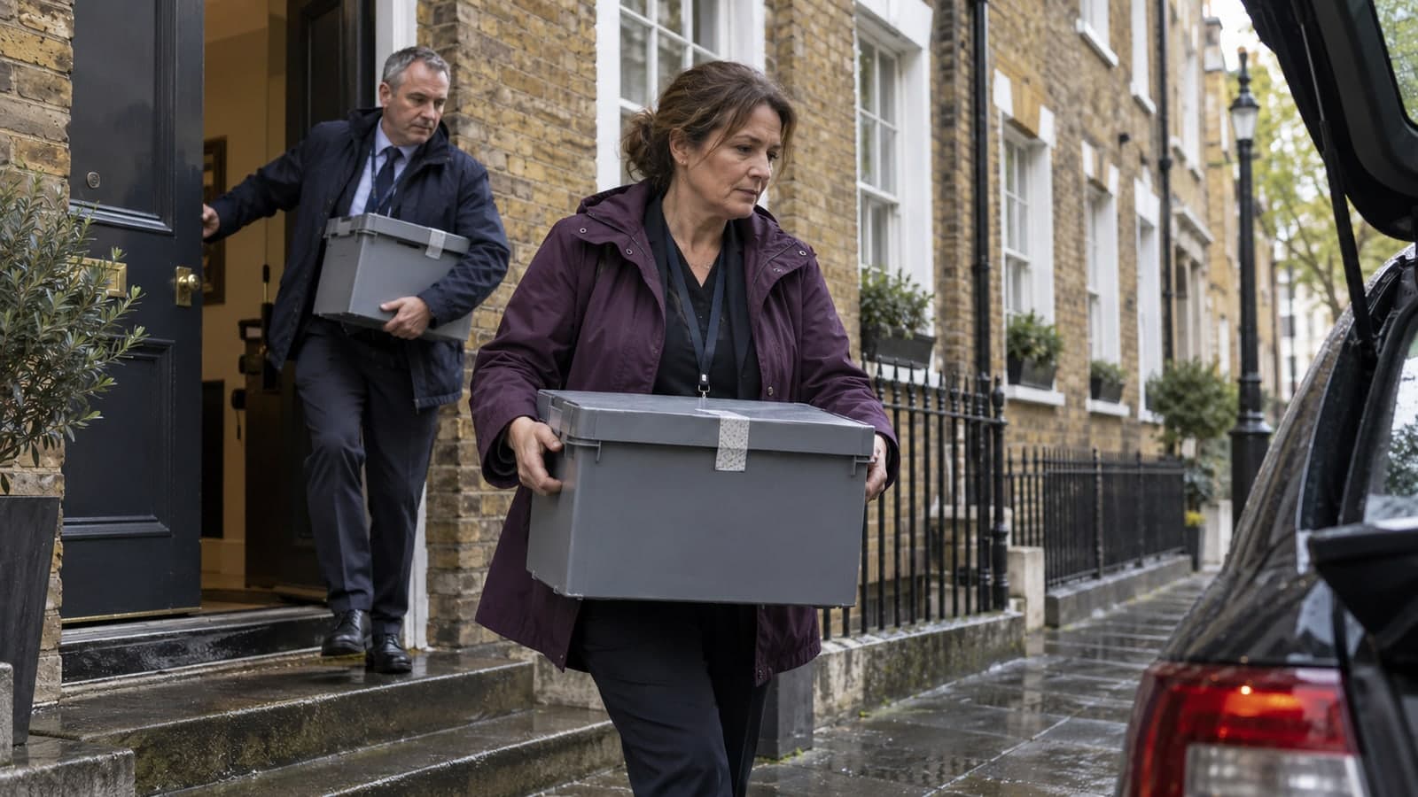 2 enqueteurs portant des badges sortent d'une maison de ville londonienne avec des bacs de scelles gris et les chargent dans un vehicule sous la pluie, illustrant les moyens d'enquete financiere annonces par la strategie britannique anti-blanchiment 2026-2029