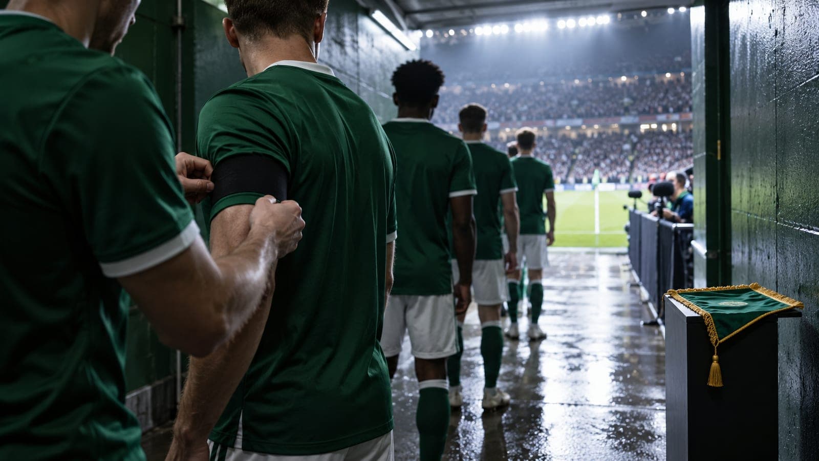 Illustration éditoriale : dans le tunnel d'un stade, des joueurs attendent d'entrer, l'un d'eux ajustant un brassard noir, un fanion posé sur un présentoir au premier plan