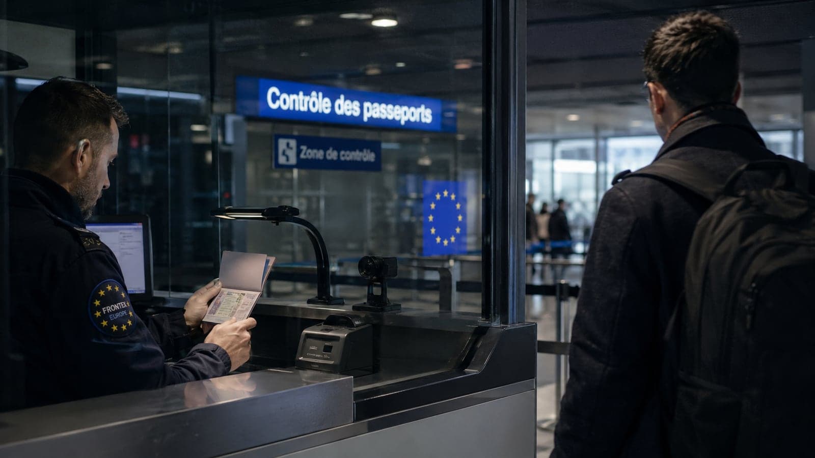À un poste de contrôle des passeports d'un aéroport européen, sous un panneau « Contrôle des passeports, zone de contrôle » et un drapeau de l'Union européenne, un garde-frontière examine le passeport d'un voyageur qui attend, illustration du filtre consulaire et frontalier comme point de contrôle.