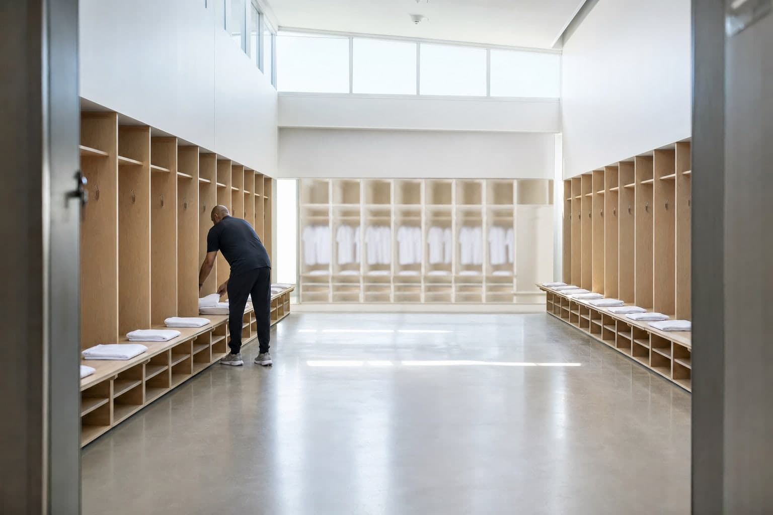Fin de matinee dans un vestiaire de stade vide et clair, un seul intendant de dos depose un a un des tee-shirts blancs pliés sans inscription sur chaque place du banc, maillots suspendus flous a l'arriere-plan, illustrant le moment ou un symbole collectif est presente aux joueurs