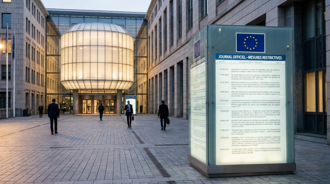 Illustration éditoriale : devant un bâtiment institutionnel européen au crépuscule, une vitrine d'affichage présente des pages de journal officiel consacrées à des mesures restrictives