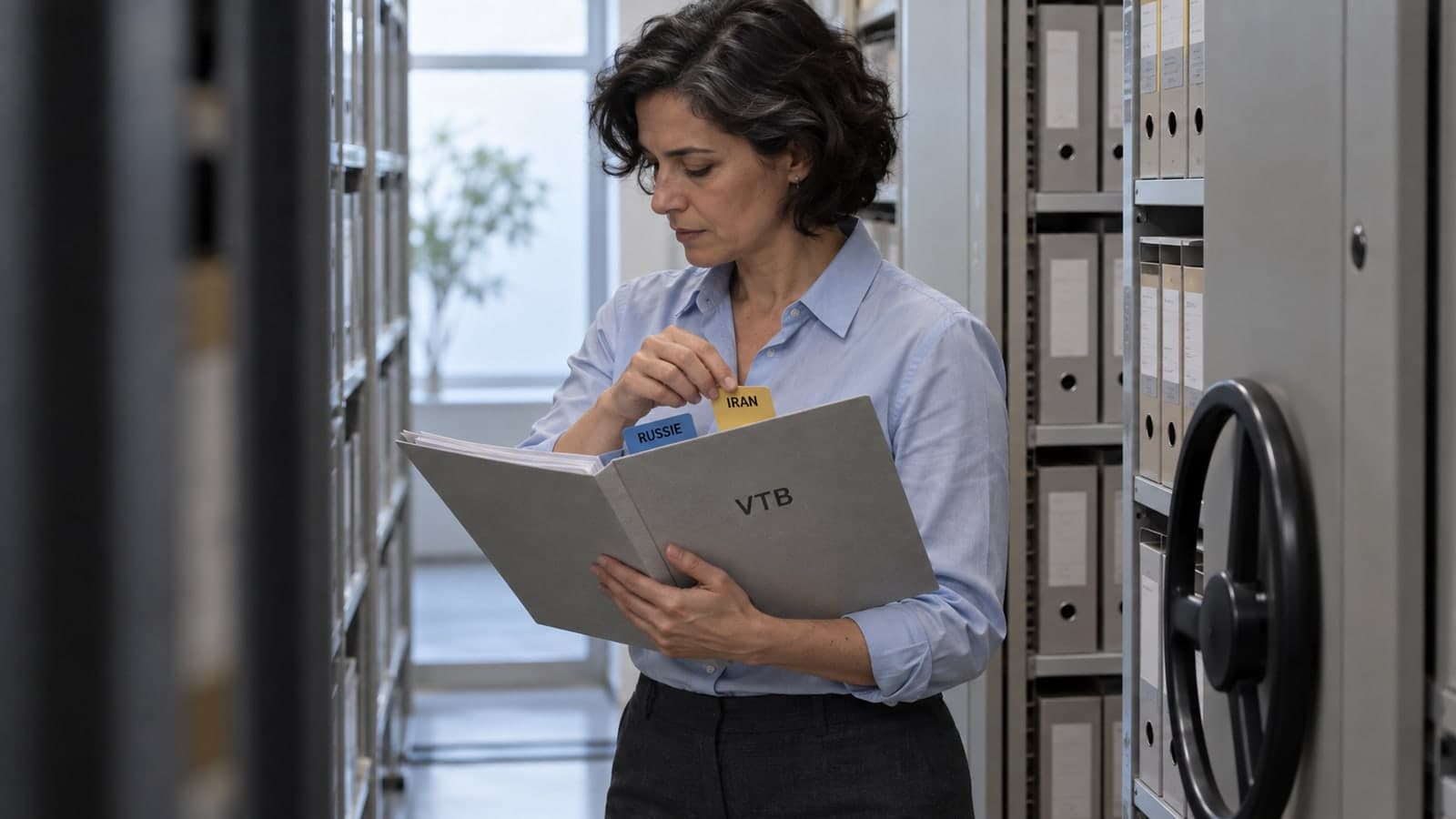Dans une salle d'archives aux rayonnages mobiles, une documentaliste en chemise claire tient un classeur gris portant la mention VTB et y insère un intercalaire jaune marqué IRAN à côté d'un intercalaire bleu déjà en place marqué RUSSIE, illustrant un même dossier relevant désormais de 2 régimes de sanctions distincts