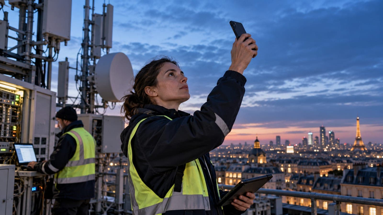 Illustration : sur un toit hérissé d'antennes, une technicienne tend un téléphone vers le ciel pendant qu'un collègue surveille les équipements, une ville au crépuscule en arrière-plan