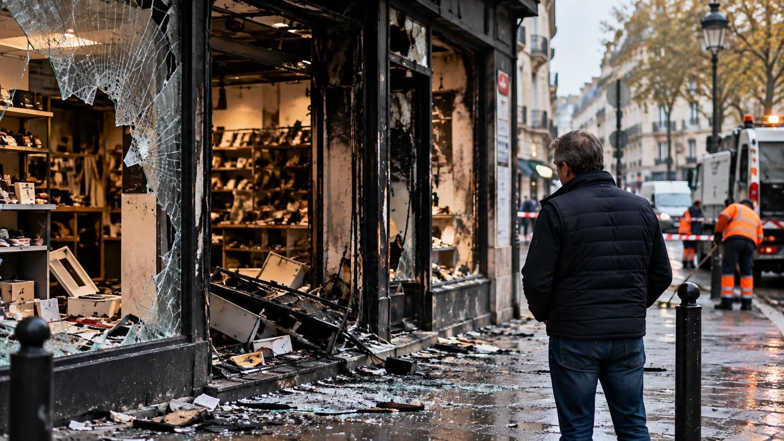 Un homme de dos devant la vitrine brisée et noircie d'un commerce, des agents de nettoyage dans la rue derrière un ruban de sécurité