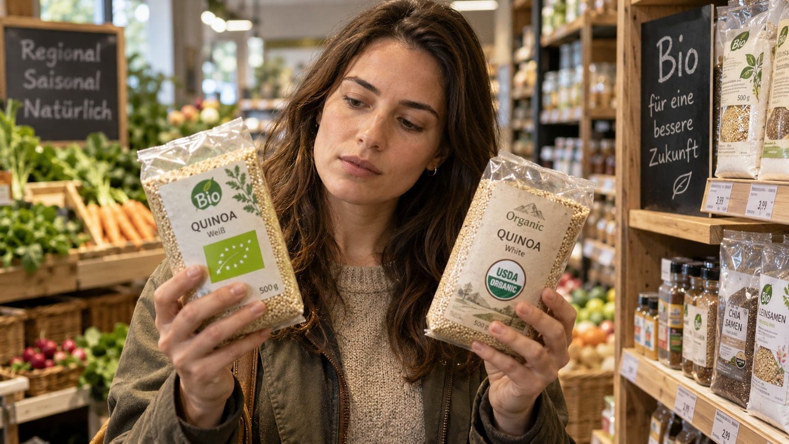 Illustration : une cliente compare 2 sachets de quinoa, l'un avec le logo bio européen, l'autre avec un label étranger