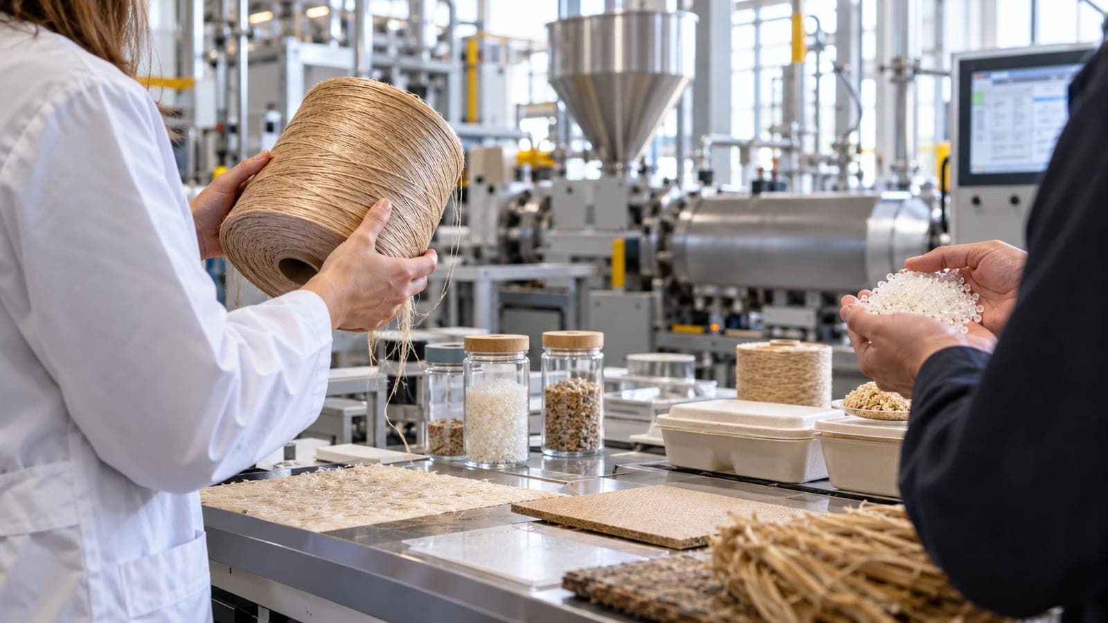 Fibres naturelles, granulés et emballages biosourcés présentés devant une ligne de production industrielle