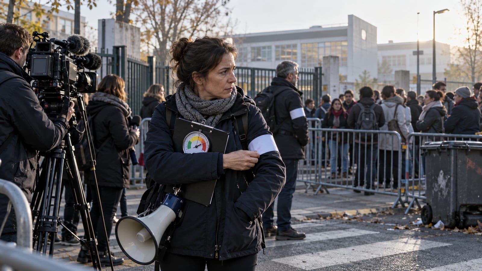 Illustration editoriale : devant les grilles d un lycee, une femme portant un brassard blanc et un porte-voix se tient pres des barrieres, des equipes de television filment a cote