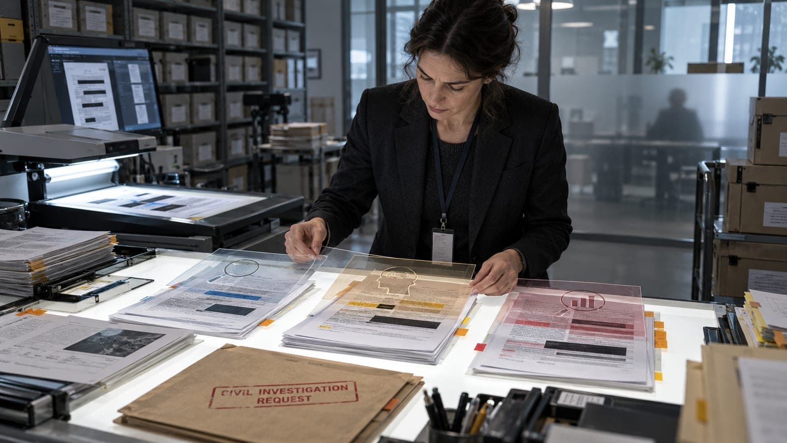 Illustration editoriale : dans un service d archives, une juriste superpose des calques transparents sur plusieurs piles de documents caviardes posees sur une table lumineuse
