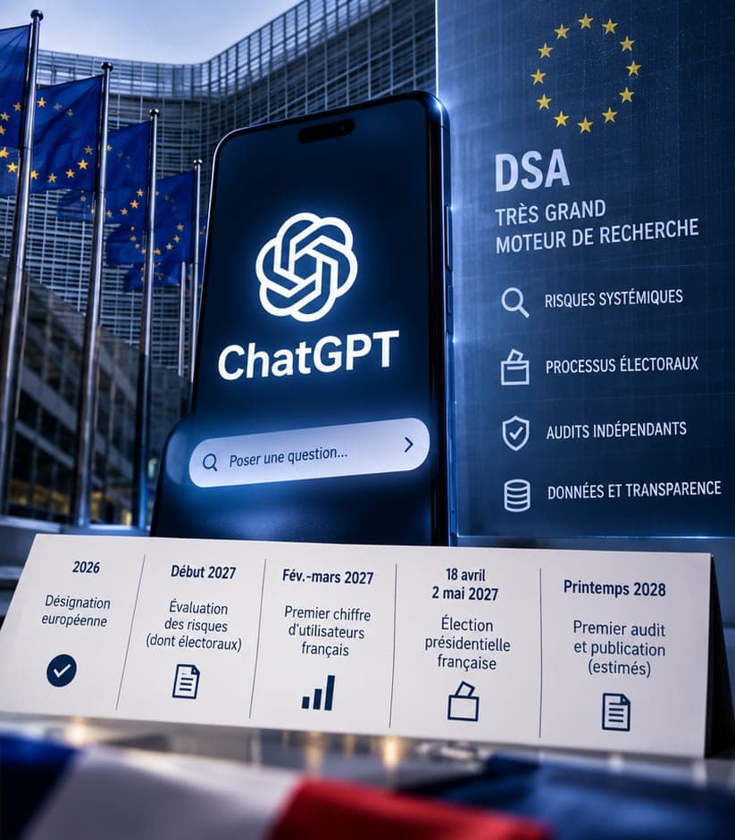 ChatGPT sur un téléphone devant le siège de la Commission européenne, calendrier du DSA