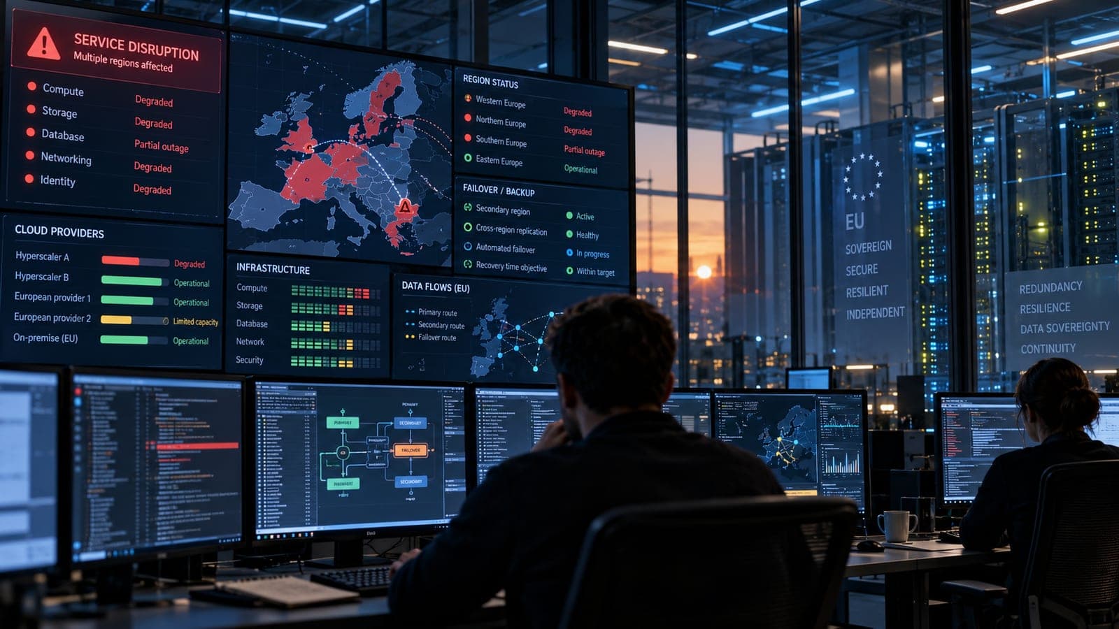 Salle de supervision affichant une interruption de services cloud en Europe