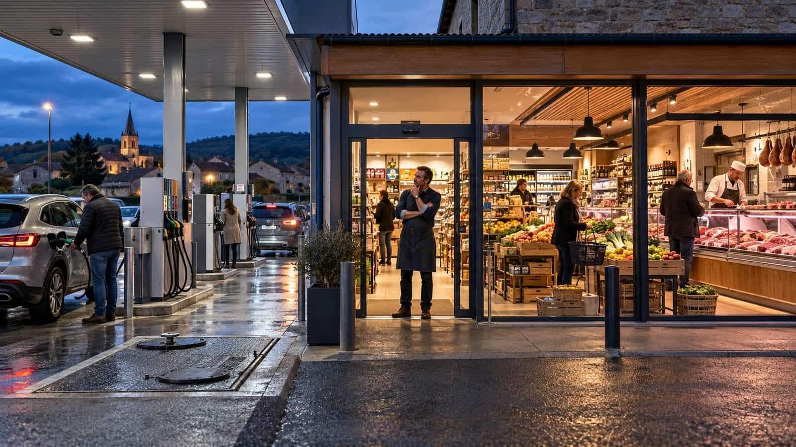 À la tombée du jour, un commerçant observe depuis le seuil de son magasin de village la station-service attenante, où des clients font le plein, la boucherie éclairée au fond
