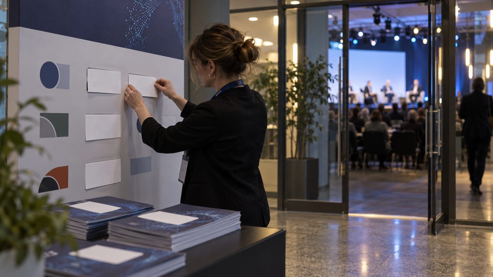 Illustration editoriale : une organisatrice recouvre des logos partenaires avant une conference