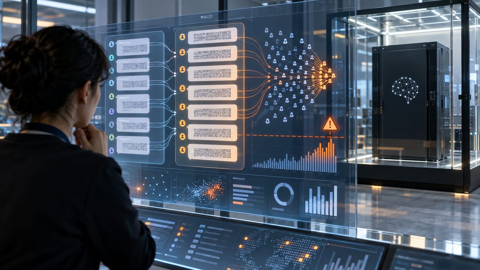 Illustration éditoriale : une analyste observe un grand écran transparent où des conversations successives convergent vers un faisceau de comptes utilisateurs, avec un signal d'alerte et des graphiques de volume, une baie informatique sous vitrine à l'arrière-plan