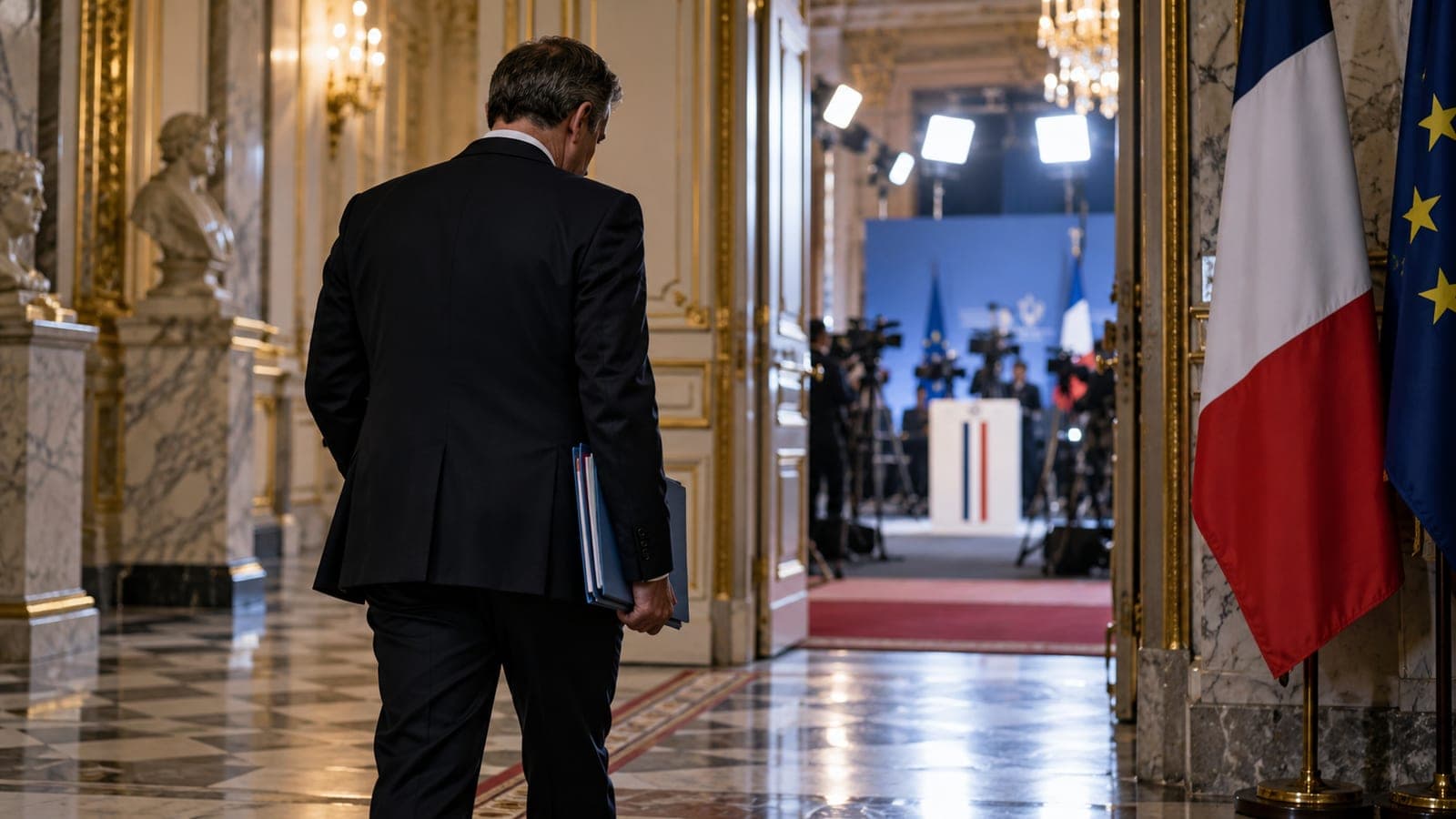 Illustration : un homme en costume, de dos, s'éloigne dans un couloir de palais officiel, une salle de presse éclairée au fond