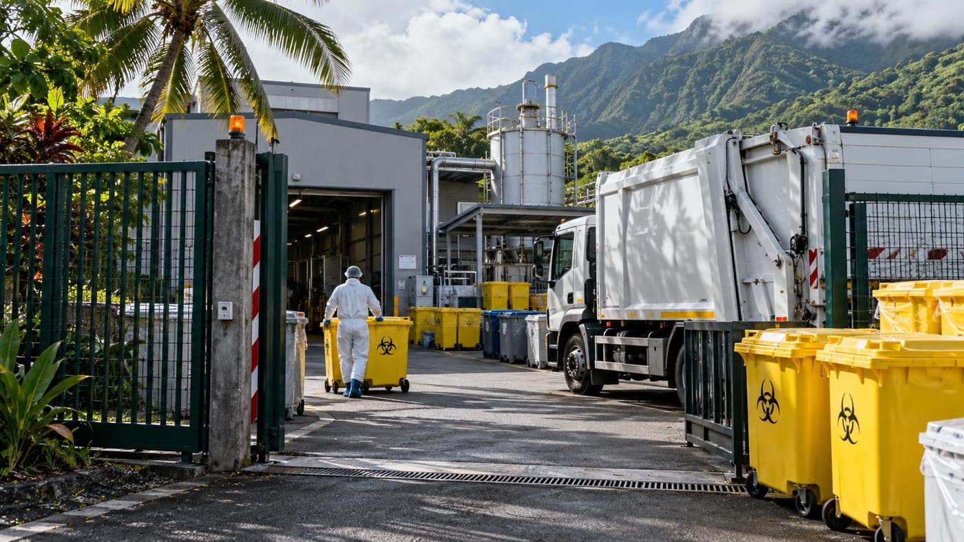 Conteneurs jaunes de déchets de soins à risques infectieux à l'entrée d'un site de traitement, au pied de montagnes tropicales