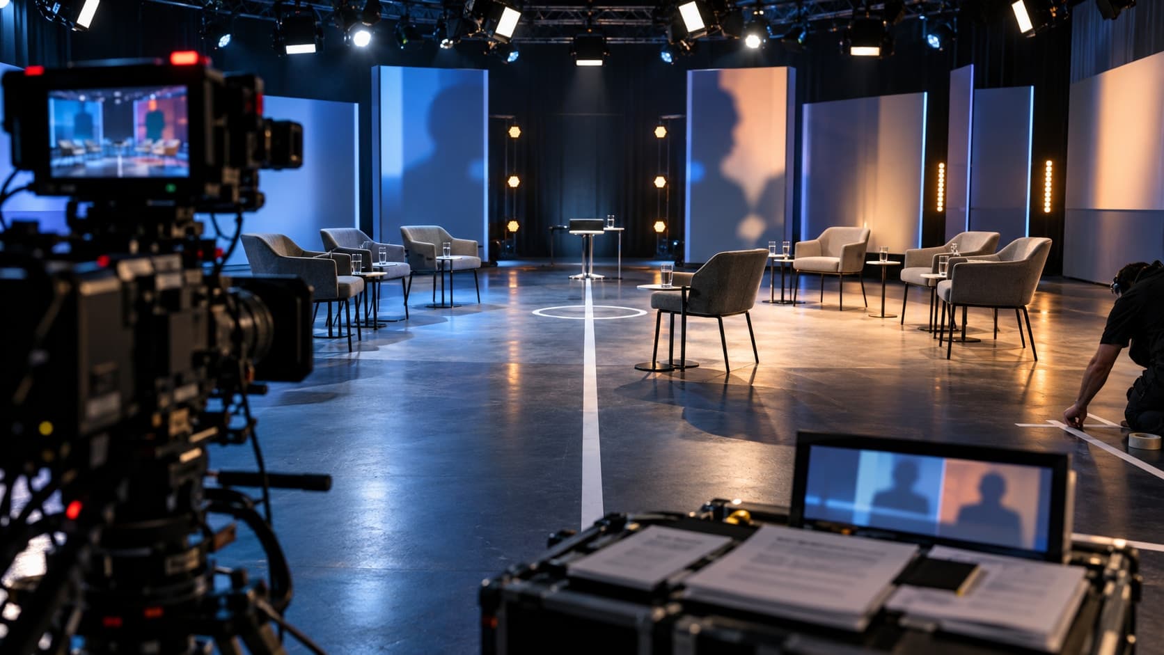 Illustration éditoriale : plateau de débat télévisé vide, caméras et éclairages bleus et ambrés.