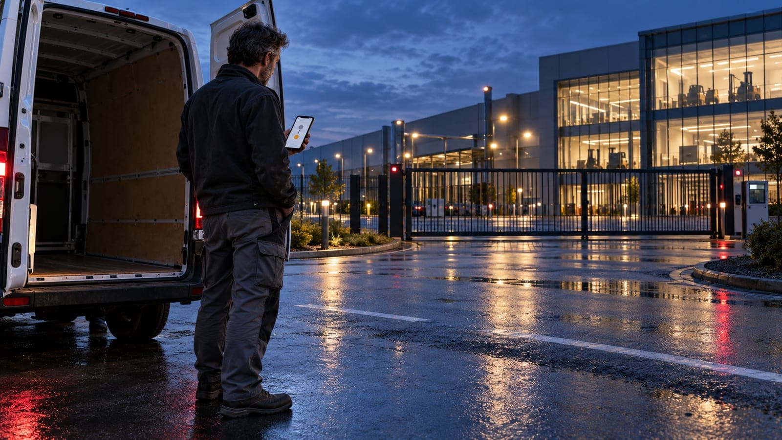 Un livreur devant le portail fermé d'un site logistique, le soir, consulte son téléphone près de sa camionnette ouverte