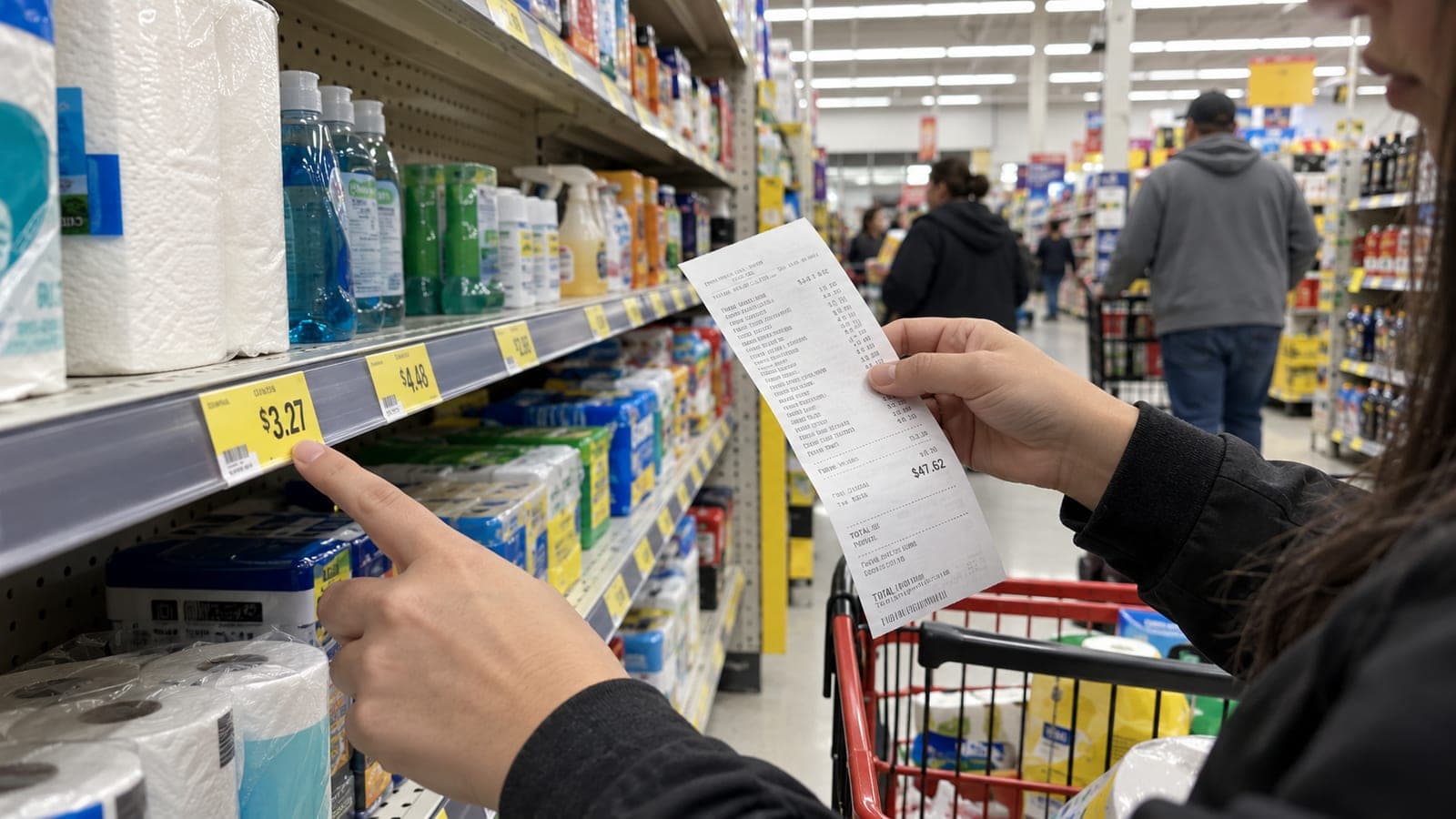 Dans un rayon de magasin de proximité, une cliente compare le prix affiché sur une étiquette jaune et son ticket de caisse