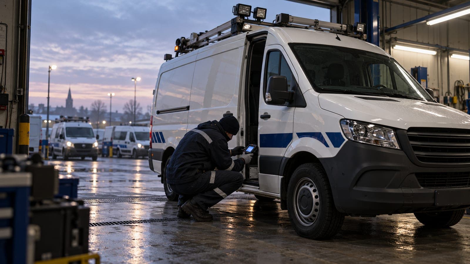 Un agent accroupi contrôle un fourgon de police équipé d'un mât d'éclairage dans un garage, au petit matin