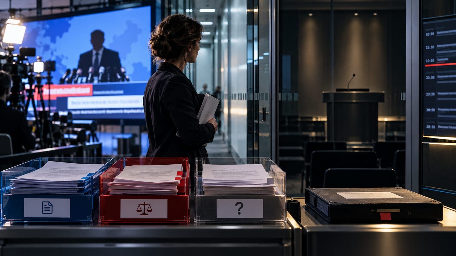 Illustration editoriale : dans une salle de presse, un ecran diffuse une conference tandis qu un pupitre voisin reste vide, et 3 bannettes de documents sont rangees au premier plan
