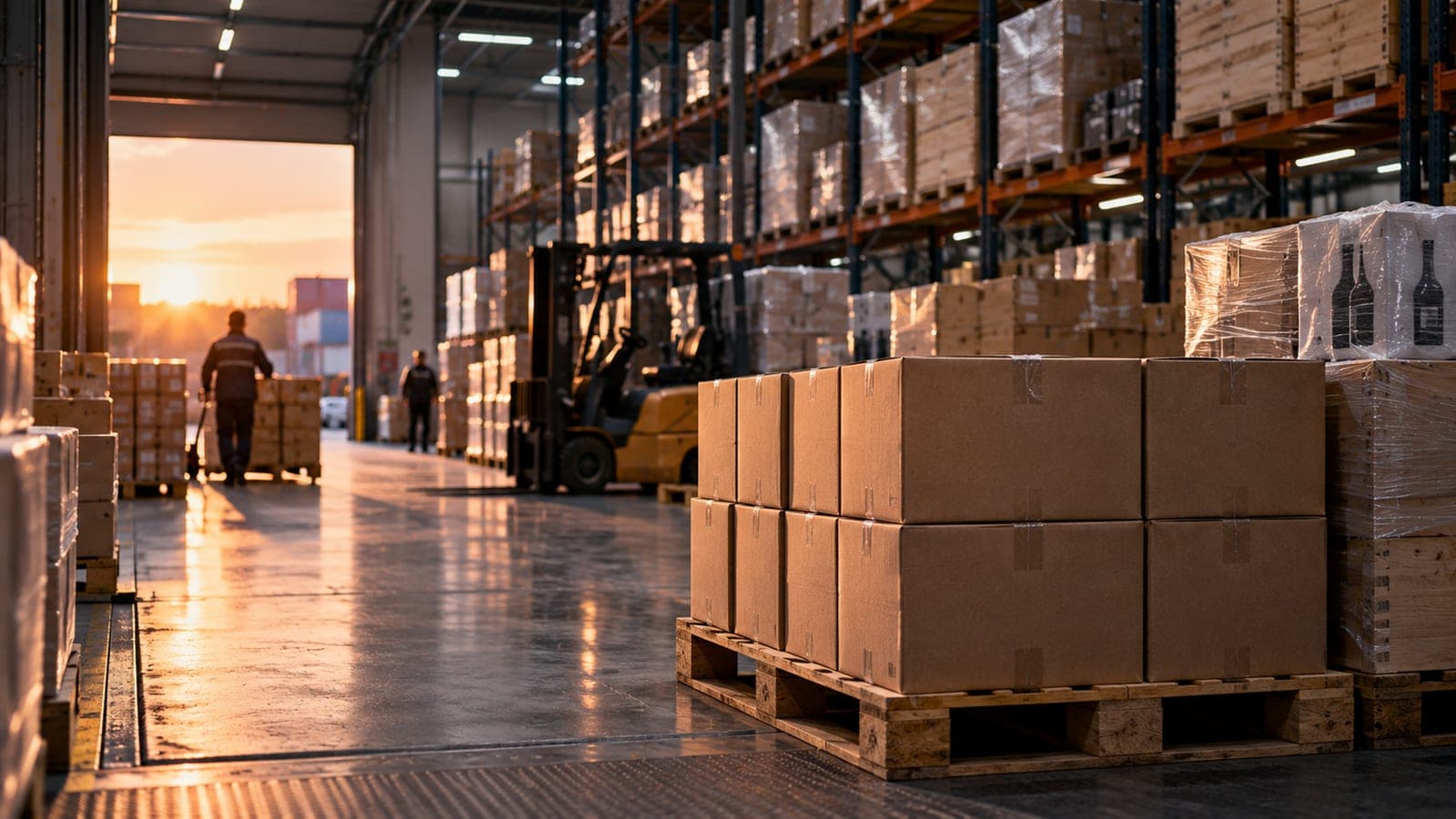 Dans l'entrepôt d'un distributeur, des palettes de cartons de bouteilles en attente d'expédition