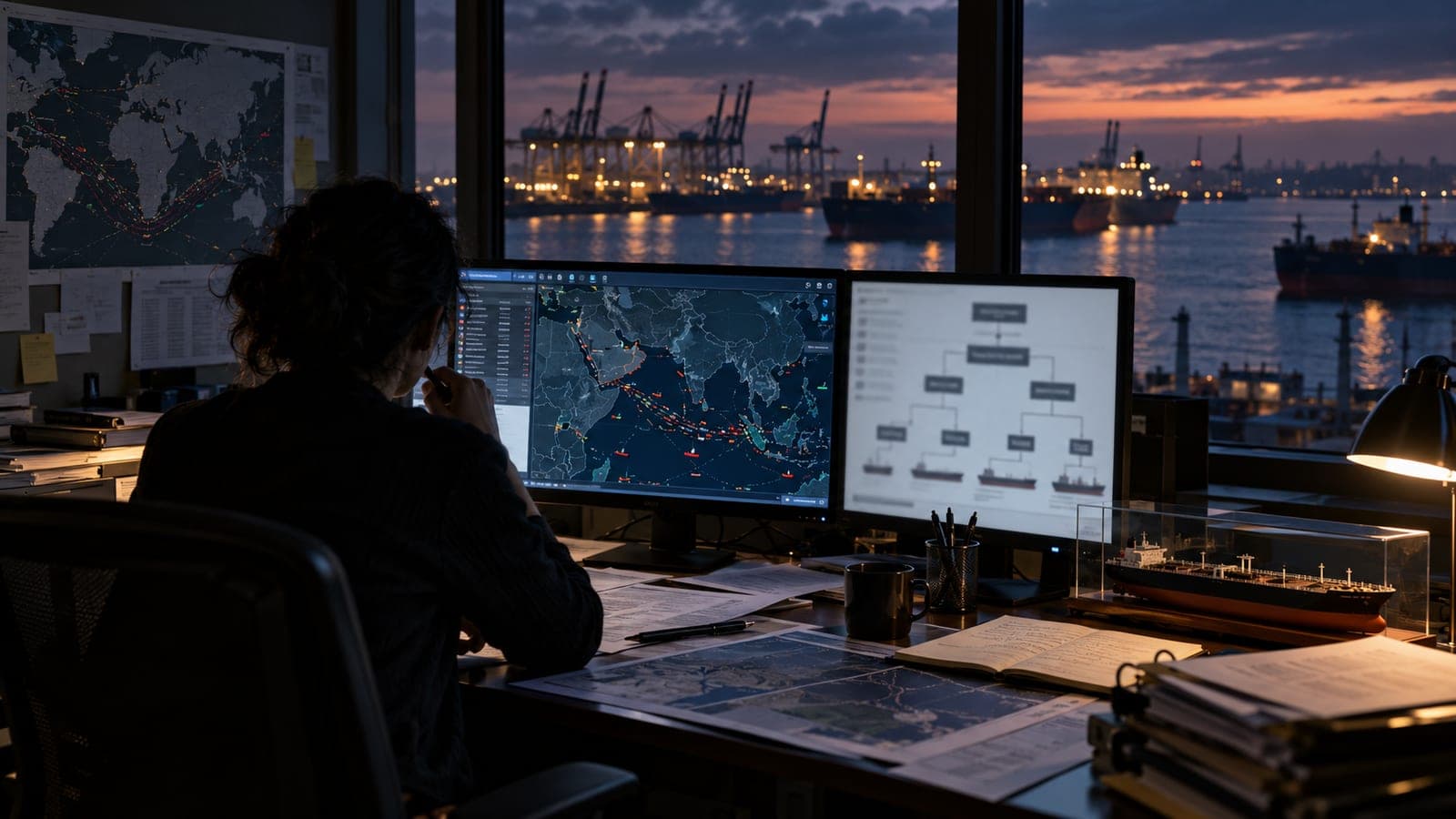 Analyste de dos devant des cartes de routes maritimes et un organigramme de sociétés, un port de commerce au crépuscule