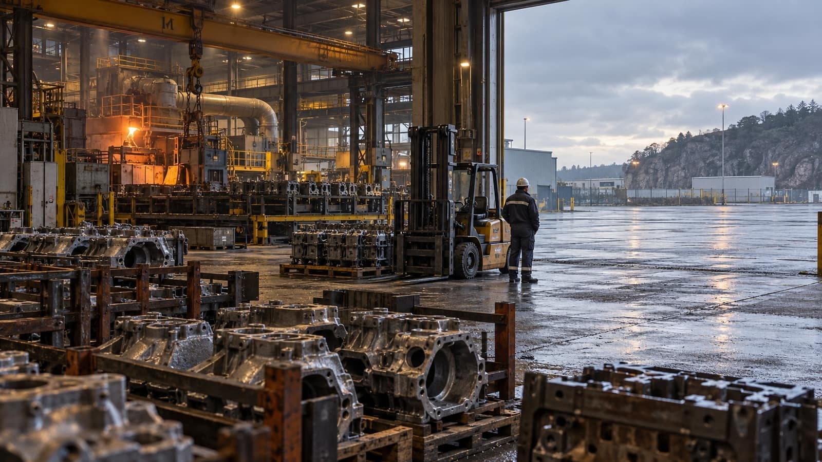 Pièces automobiles fondues stockées sur des palettes à l'entrée d'une fonderie, un ouvrier regarde la cour sous la pluie
