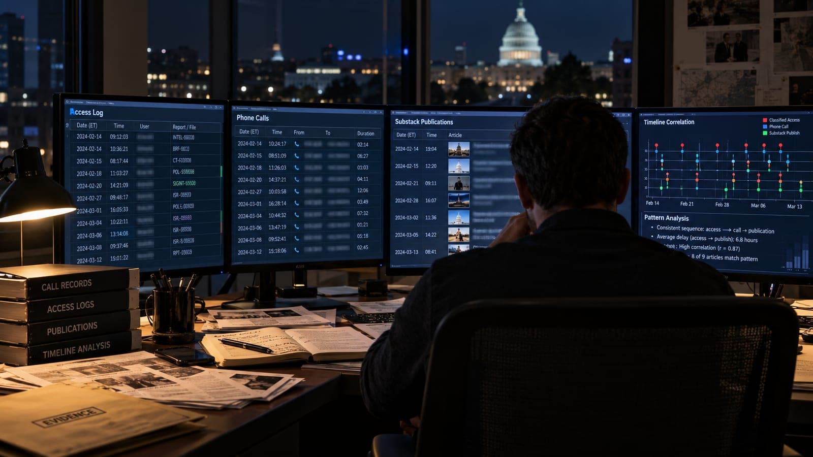 Analyste de dos devant 4 écrans comparant journaux d'accès, appels téléphoniques et publications en ligne, le Capitole de Washington de nuit à la fenêtre