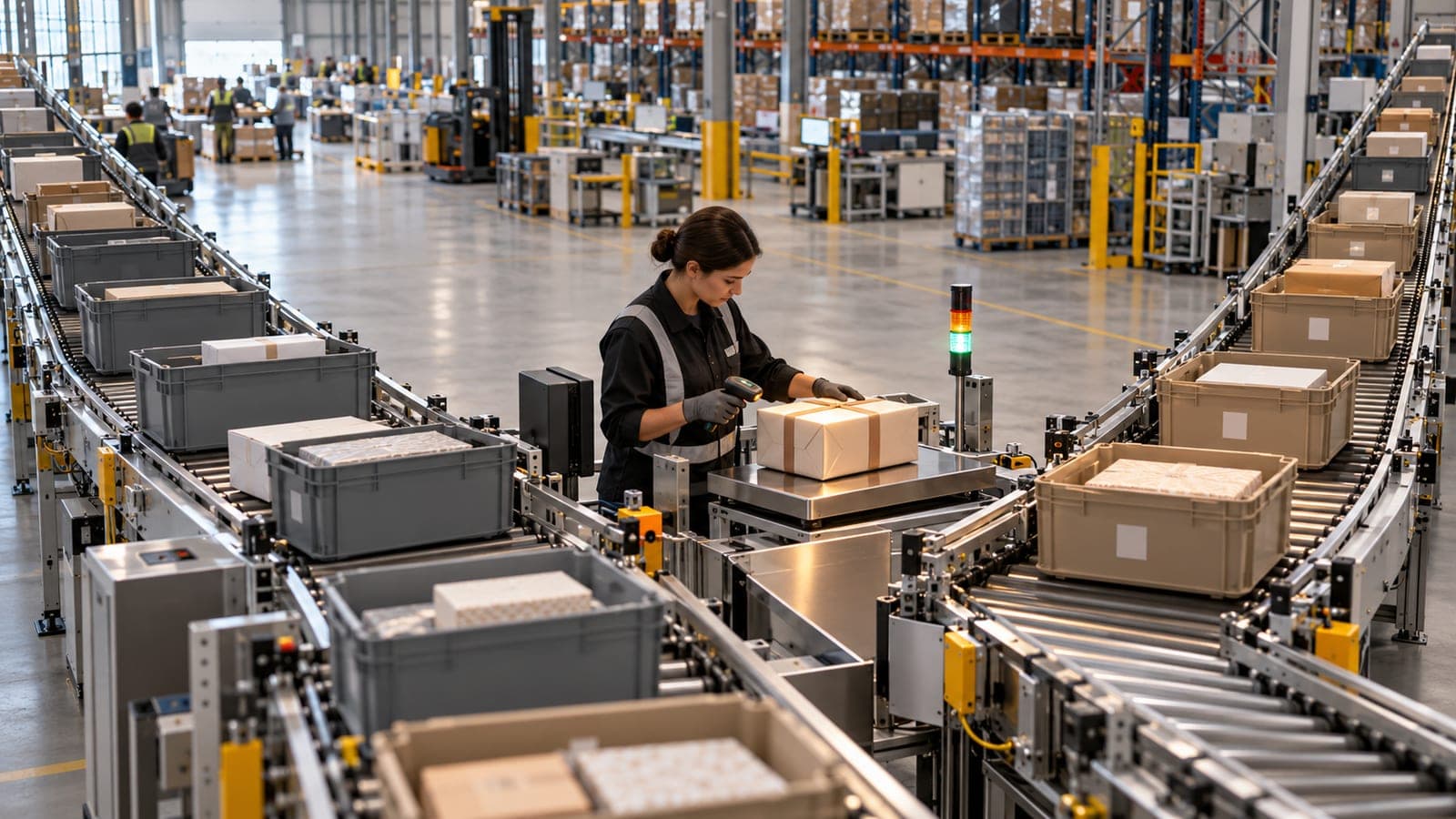 Dans un grand entrepôt logistique, une préparatrice contrôle un colis sur un poste de pesée entre deux convoyeurs