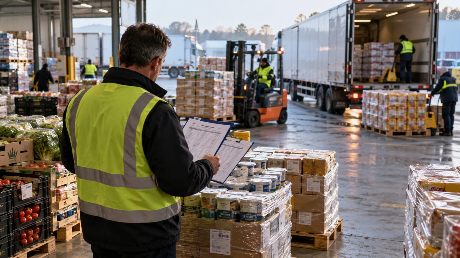 Responsable en gilet jaune vérifiant un bon de livraison sur un quai de grossiste alimentaire, palettes et chariot élévateur