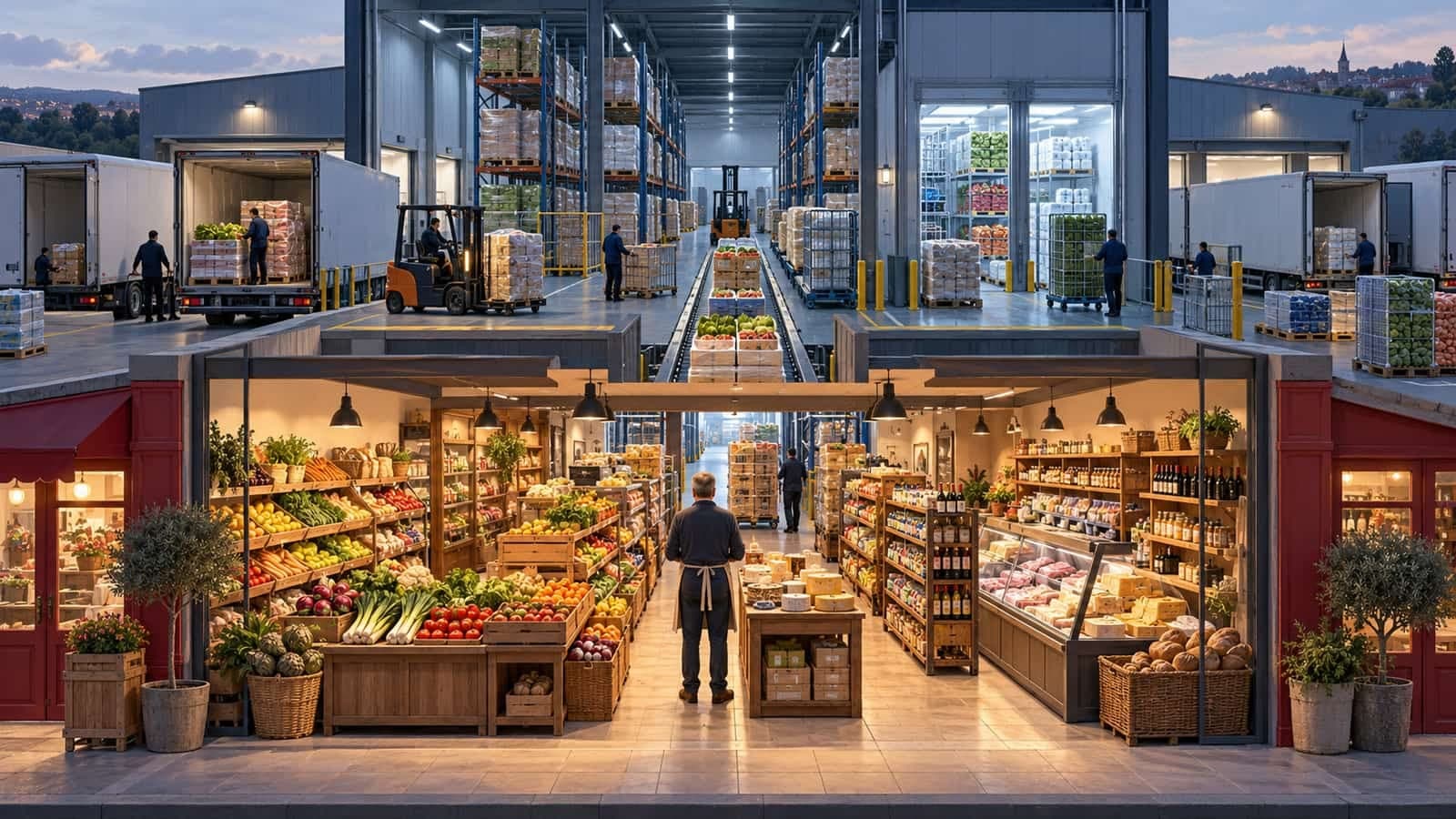 Illustration : un entrepôt de distribution alimentaire relié par un convoyeur à une épicerie indépendante, un commerçant de dos dans son magasin