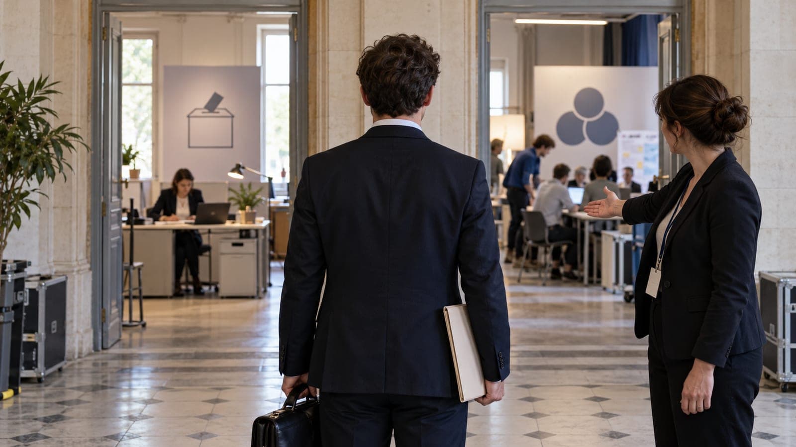 Dans un couloir administratif, un homme en costume s’arrête entre deux portes ouvertes, l’une vers un bureau, l’autre vers une équipe de campagne