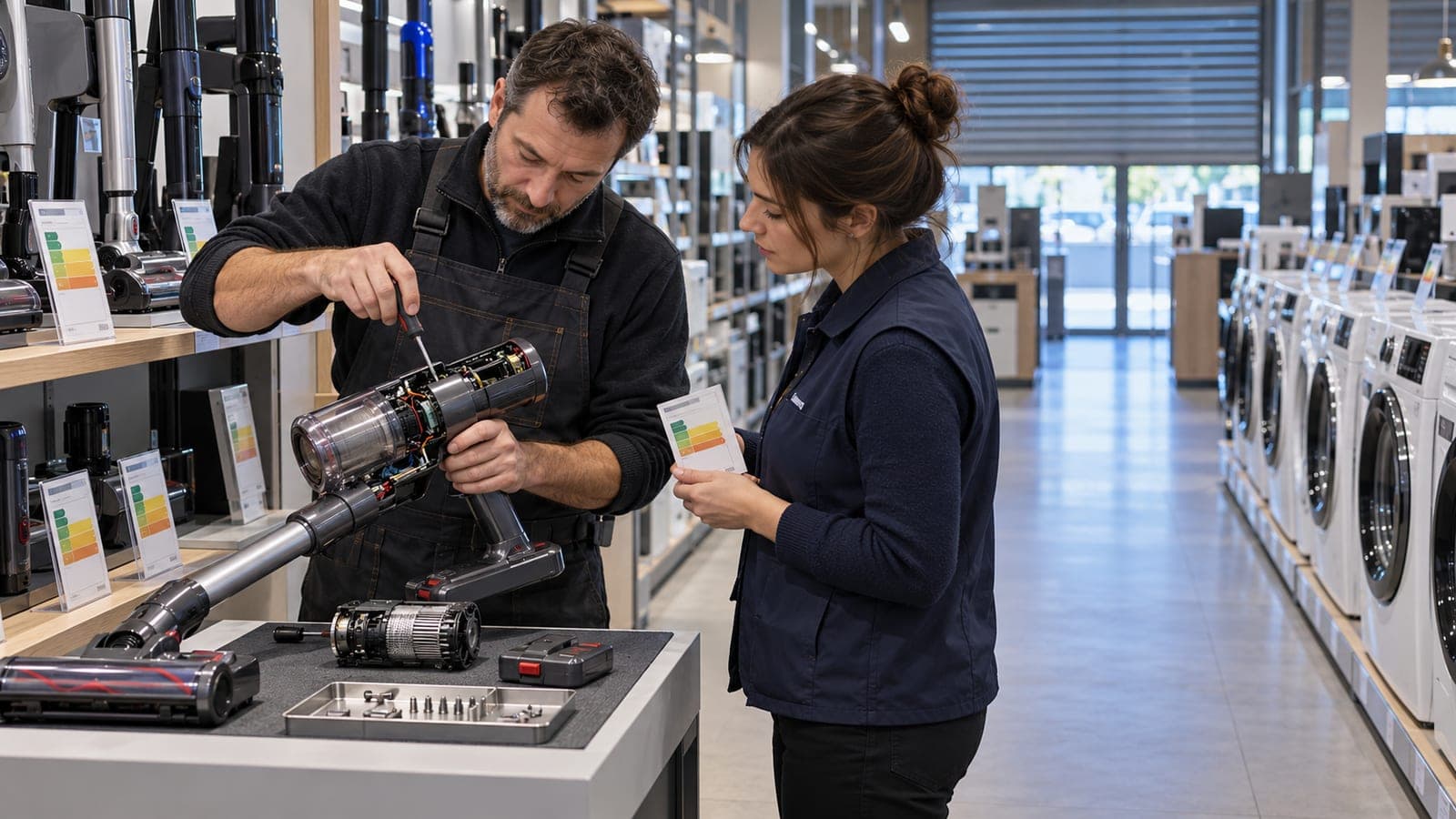 En rayon électroménager, un technicien démonte un aspirateur devant une vendeuse qui tient la fiche de l'indice de réparabilité
